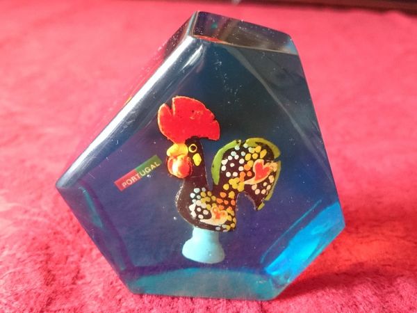 Portugal Cobalt Blue Glass Prism Paperweight With Colorful Rooster Image