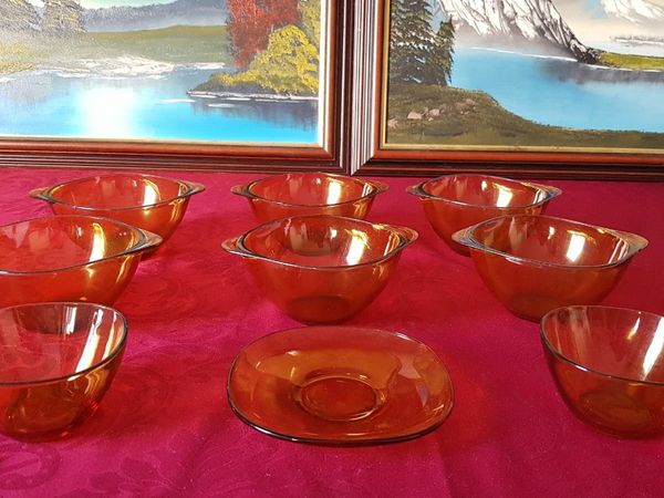 9 Piece Vereco France Amber Glass Two Handled Soup Bowls and Cups And Saucer