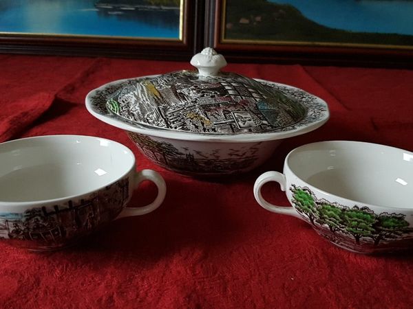Vintage 3 Piece Ceramic Furnivals (Staffordshire) Ltd. Dickens Soup Coupe Set With Tureen Made In England