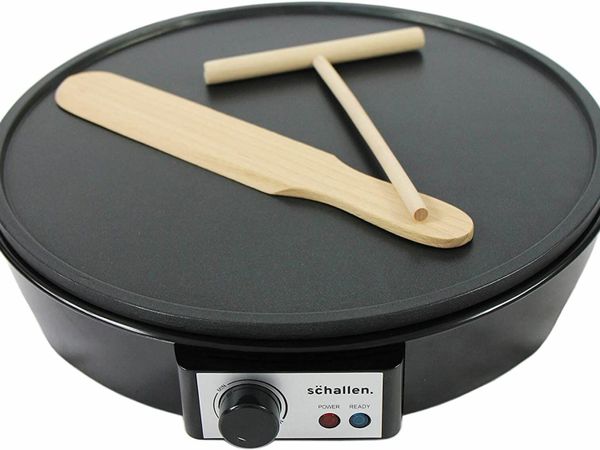 Schallen Black 1000W Electric Traditional Pancake & Crepe Maker Machine, 12" Hot Plate and Utensils Included