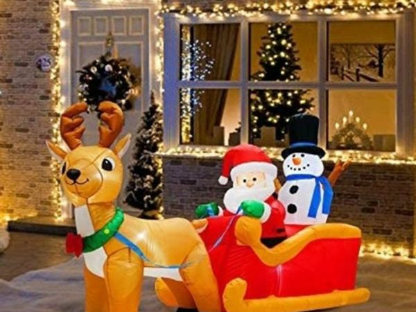 2.0 m Long Inflatable Santa Reindeer Sleigh Decorations Gift with Snowman for Christmas Decoration Light Up