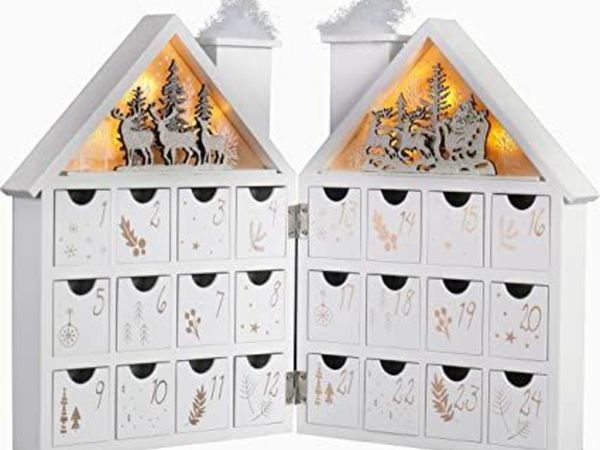 Valery Madelyn 24-Day Christmas Countdown Advent Calendar with LED Lights, Frozen Winter White Wooden House Xmas Decoration for Tabletop, 17.3inch/44cm Long