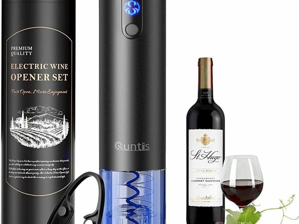 Quntis Electric Wine Bottle Opener with Foil Cutter, Automatic Battery Powered Bottle Corkscrew Opener with LED Light, Cabon Steel with Teflon Housewarming Christmas Thanksgiving Wine Lover Gift Set