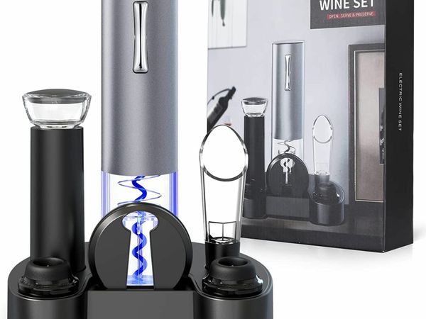 Anpro Electric Bottle Opener Set, Electric Bottle Opener with Charging Base, Aluminum Foil Knife, Vacuum Pump, Vacuum Wine Stopper and Wine Pourer