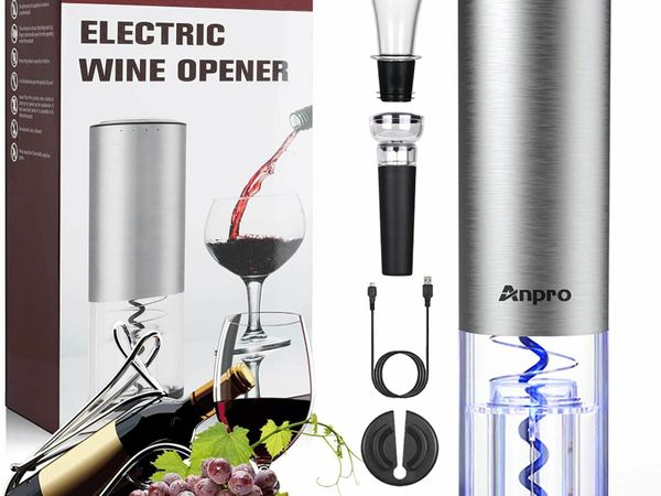 Anpro Fully Automatic Electric Bottle Opener - Wine Pourer, Foil Cutter, Vacuum Cork, USB Charging Cable, for All Wine and Wine Lovers, Christmas, Father's Day, Valentine's Day, etc.