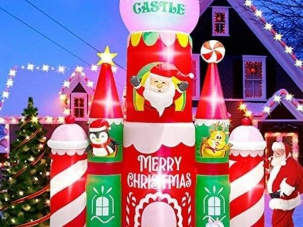 10 Ft Tall Christmas Castle Inflatables, Christmas Inflatable Candy House with Santa Reindeer Penguin Blow up Xmas Outdoor Indoor Decoration for Home Holiday Yard Lawn Garden Party Supplies