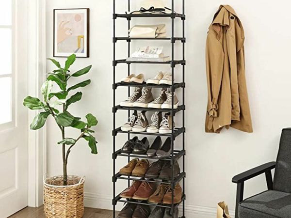 SONGMICS Shoe Rack, 10-Tier Metal Shoe Storage Organizer, Customizable Design, Space-Saving and Versatile Rack, for Living Room, Bedroom, 45 x 30 x 174 cm, Black LSA25BK