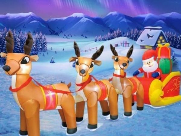 10 FT Long Christmas Inflatable Three Reindeers and Santa Claus Sleigh with Penguin, LED Lights Holiday Blow Up Yard Decoration, Xmas Party Outdoor Yard Lawn Winter Decor