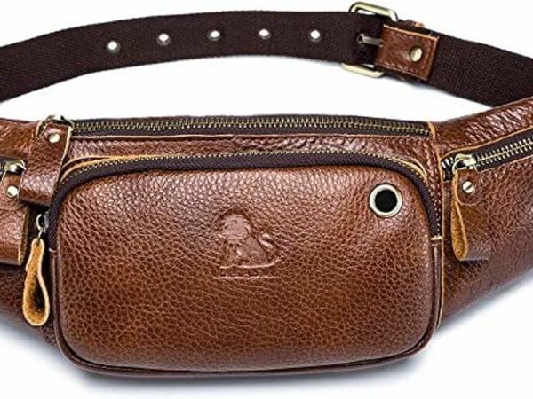 Pundarika Genuine Leather Men's Waist Bag Business Shoulder Bag Leather Wallet Fashion Casual Wallet Outdoor Sports Travel Small Bag Brown