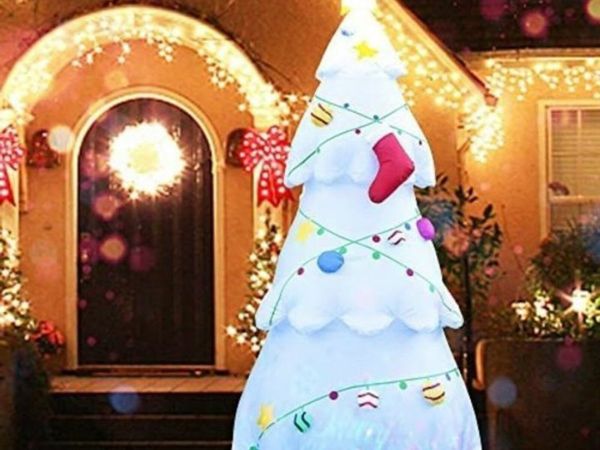 Outdoor 8 FT Inflatable White Christmas Tree with LED Lights, Colorful Holiday Lawn Decoration, Indoor or Outdoor Inflatable Christmas Decoration, Fun Xmas Blow Up with Ground Stakes