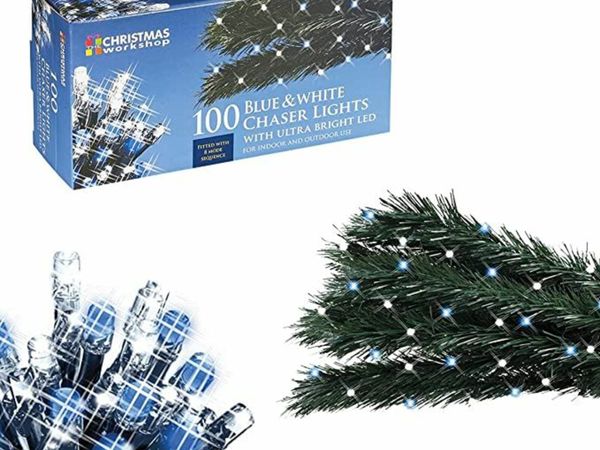 The Christmas Workshop 78580 100 Blue & White LED Chaser Christmas Lights / Indoor or Outdoor Fairy Lights / 6.9 Metres / 8 Light Modes / Great For Christmas, Weddings & Gardens