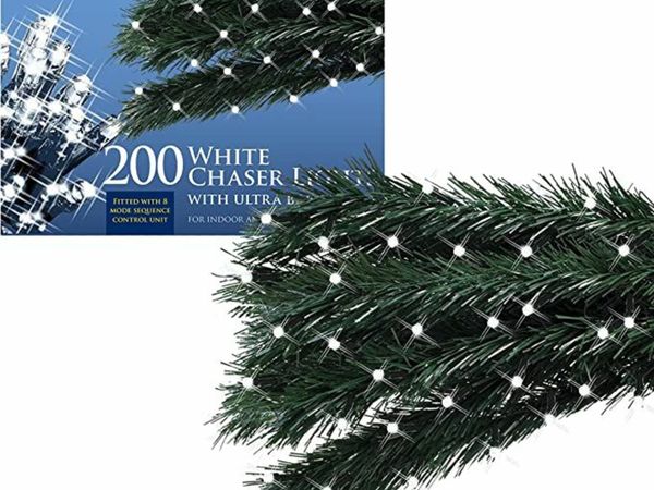 The Christmas Workshop 77470 200 Bright White LED Chaser Christmas Lights / Indoor or Outdoor Fairy Lights / 13.9 Metres / 8 Light Modes / Great For Christmas, Weddings & Gardens