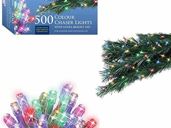 The Christmas Workshop 77000 500 Multi-Coloured LED Chaser Christmas Lights / Indoor or Outdoor Fairy Lights / 34.9 Metres / 8 Light Modes / Great For Christmas, Weddings & Gardens