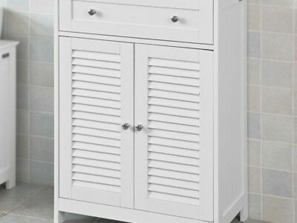 Base cabinet for bathroom or entrance, with doors and drawer, white