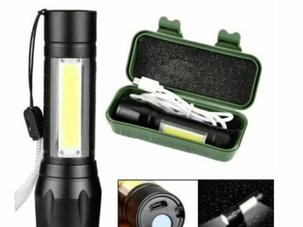 T6 COB Zoomable Light Lamp Torch with LED Flashlight 18650 USB Rechargeable