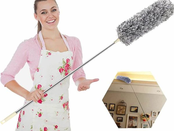 Extendable Feather Duster,Microfiber Duster with 100'' Telescopic Stainless Steel Extension Pole and Soft Silicone Cap,Easy to Absorb Dust Anti Static,Perfect for Cleaning Cobweb,Ceiling Fan,Car etc