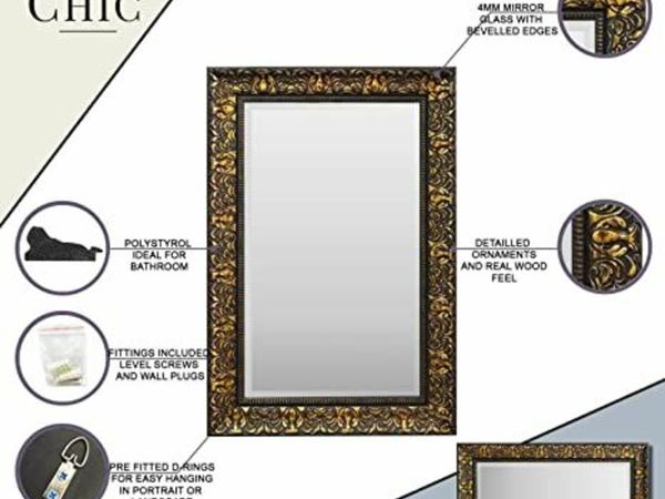 Shabby Chic Wall Mirror - 90 x 60 cm - Large French Vintage Style Mirror - Charcoal and Gold
