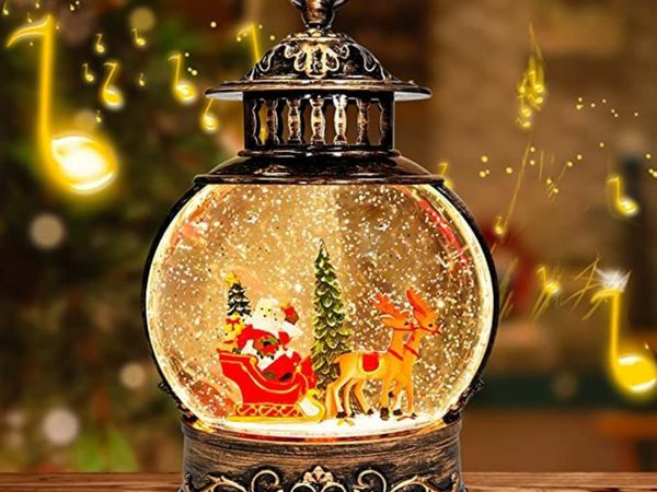 TURNMEON Lighted Musical Christmas Snow Globe Lantern with 8 Songs Timer USB or Battery Operated Santa on Sleigh Elk Glittering Snowing Water Lantern Christmas Decorations Home Indoor Table Xmas Gift