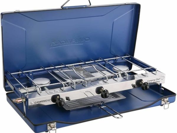 Folding Double Burner Stove and Grill, compact gas cooker Blue
