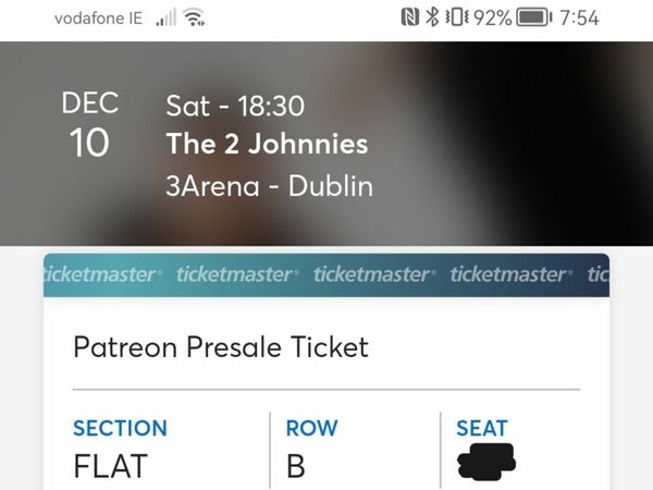 1 Ticket The 2 Johnnies Dublin 10th Dec, 2nd row