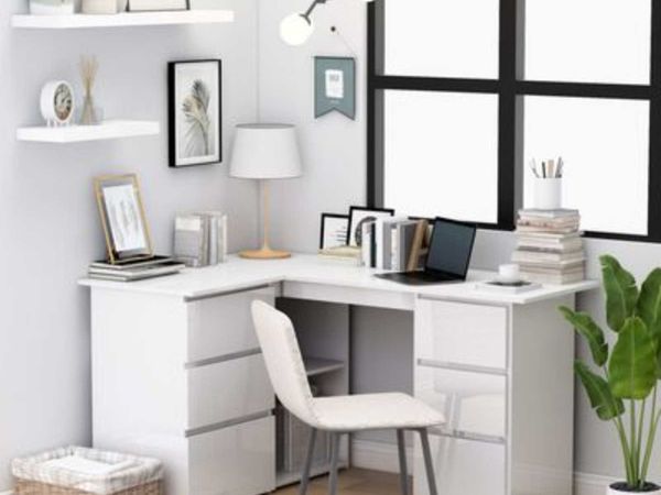 White gloss corner desk with deals drawers