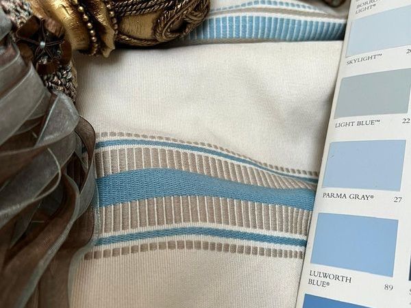 Lovely Blue and Off White Cotton Goblet Header Curtains 106"W x 79"D several prs available