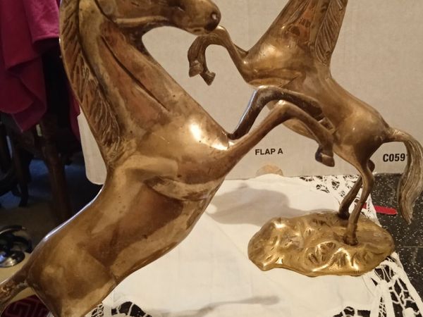 2 large solid brass horses