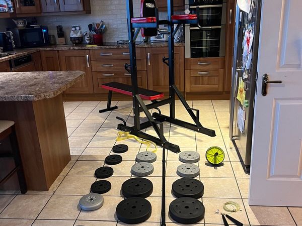 CHEAP COMPLETE GYM STSTEM, BENCH, WEIGHTS