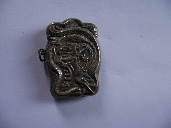 Antique Japanese Vesta Case - Samurai or Demon Mask? encircled by Serpent