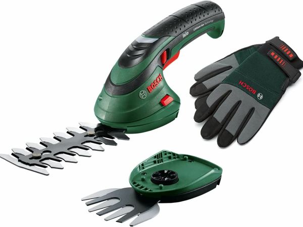 Bosch Cordless Edging Shear Set Isio (3.6 V, Blade Length: 12 cm, Tooth spacing: 8 mm, with XL Gardening Gloves Included, in Soft Bag Packaging)