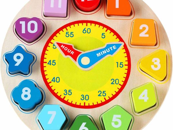 Jacootoys Wooden Shape Sorting Clock Toy with Number and Shape