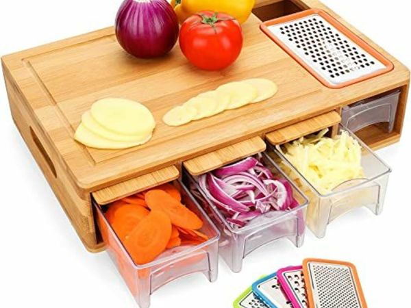 BRITOR Chopping Board with Containers, Large Bamboo Cutting Board with Juice Grooves, Easy-Grip Handles & Food Sliding Opening, Carving Board with Trays for Food Storage, Transport and Cleanup
