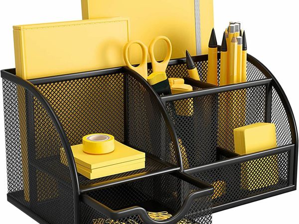 Pipishell Desk Organiser, Mesh Desk Tidy & Pen Holder with 6 Compartments and 1 Drawer
