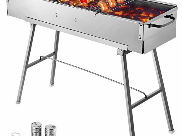 Stainless steel outdoor picnic grill that folds up for storage