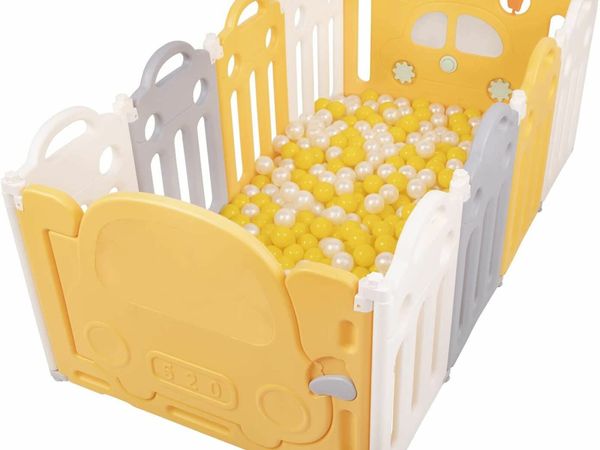 Playpen Box Foldable 10 Panels/100 Balls Plastic Colourful for Children, White-Yellow:Yellow/Pearl
