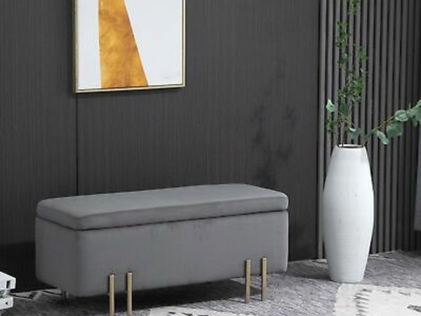 Rectangle Storage Stool w/ Cushion and Soft Surface, Dark Grey