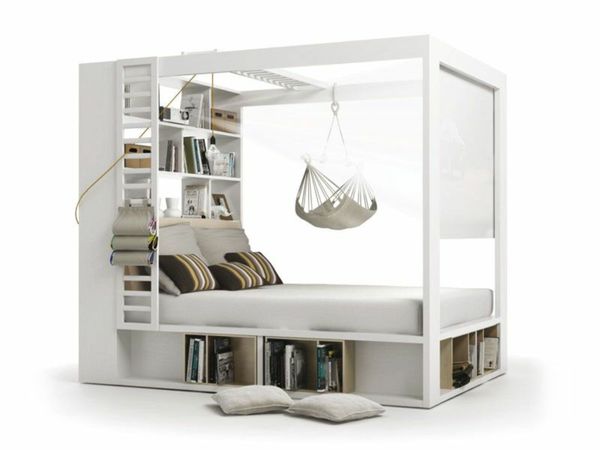 Unique Double Bed With Canopy And Shelving Unit