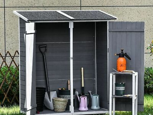 Garden Wood Storage Shed w/ Flexible Table, Hooks and Ground Nails