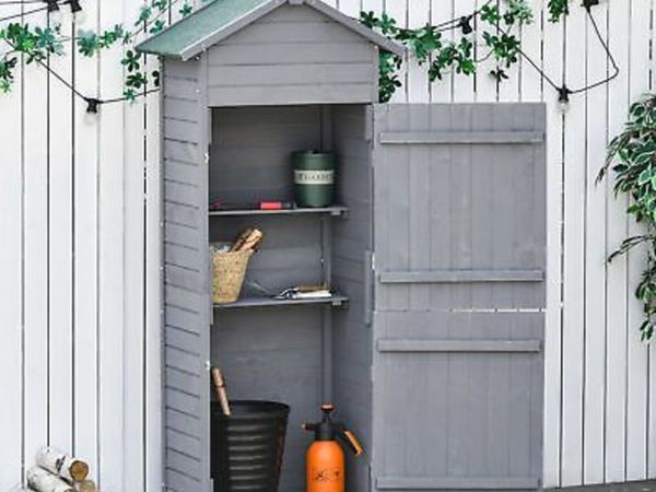 Wood Garden Storage Shed Tool Cabinet w/ Felt Roof, 189x82x49cm, Grey