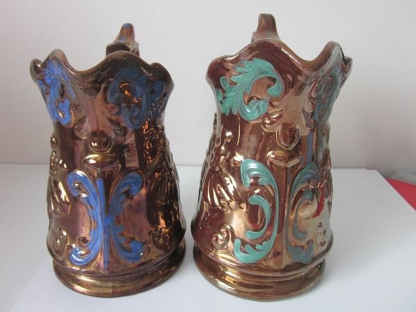 A Pair of Antique English Victorian Copper Lustre “Dancing Ladies” Pattern Pottery Jugs c.a.1840