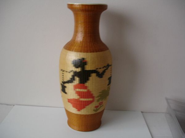Chinese  Boxed Porcelain Vase with Woven Bamboo 12” 1960's