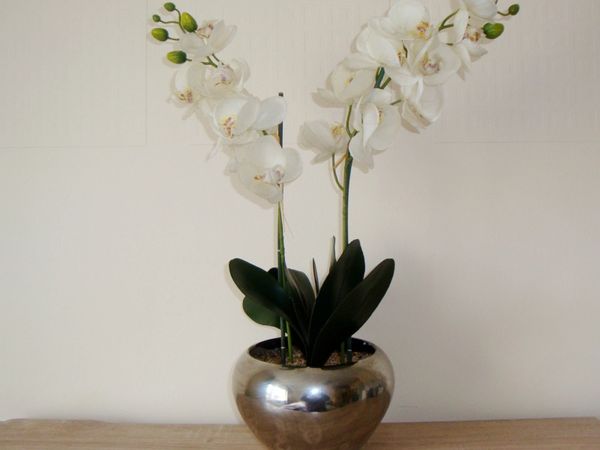 Artificial plant - two stem ORCHID in silver pot