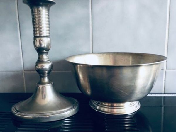 Silver candle holder & silver bowl