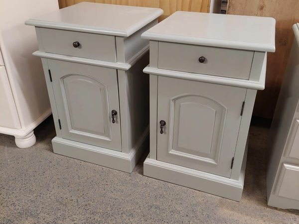 Pair solid mahogany bedside cabinets, grey