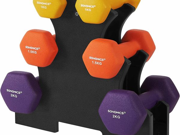 SONGMICS Hex Dumbbell Set with Dumbbell Stand 2 x 1kg, 2 x 1.5kg, 2 x 2kg