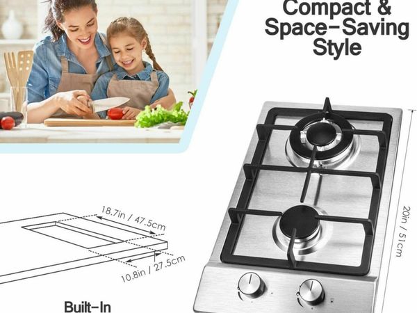 RV Gas Cooktop 2 Burners,12 Inches Portable Stainless Steel Built-in Gas Hob LPG/NG Dual Fuel