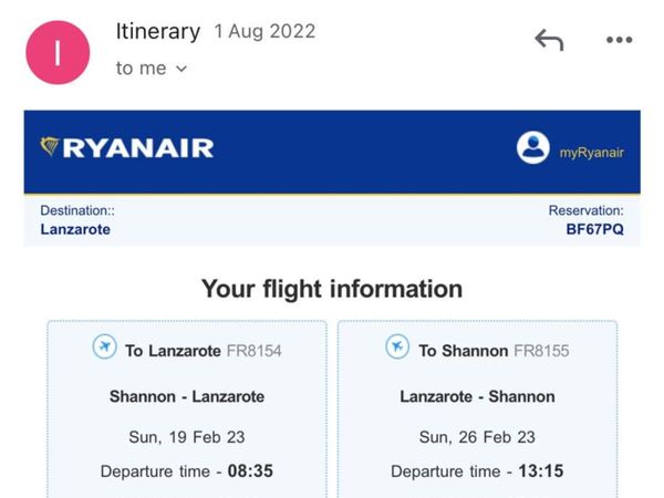 Flight..Shannon to Lanzarote