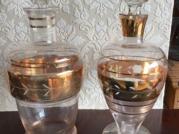 Bohemian Small Gold Banded Cut Glass Decanters