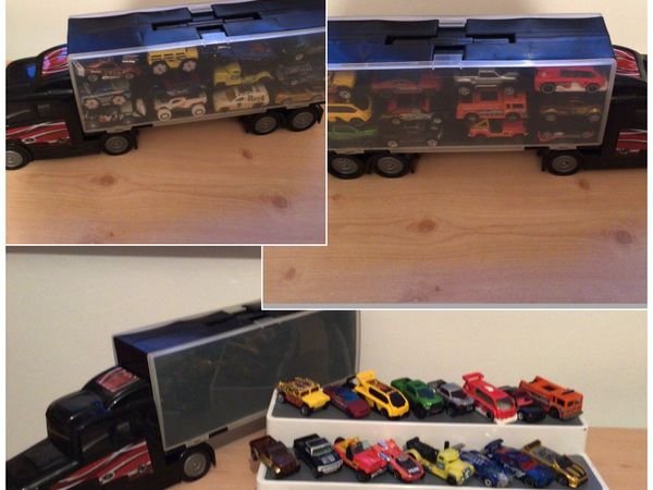 Car transporter and 24 hot wheels toy cars