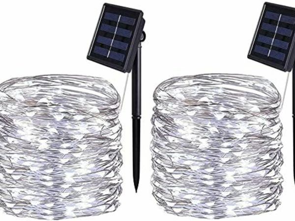 BOLWEO [2 Pack] Solar Lights Outdoor, Solar Garden Lights,12 Meters/ 40Ft 120LEDS / 8 Modes,Waterproof Copper Wire Lighting for Indoor，Outdoor，Wedding，Patio，Home，Garden Decoration (Cool White)
